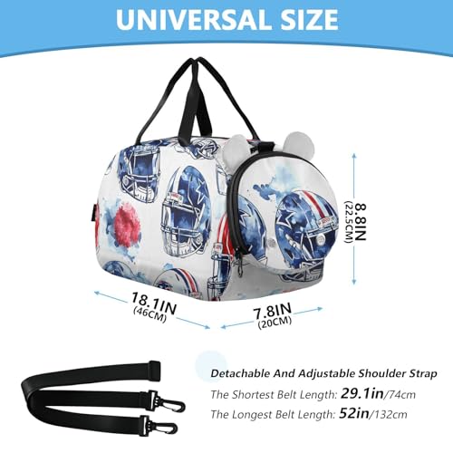 Gym Travel Duffle Bag for Boys Girls Football Helmet Pattern Red Blue Sports Dance Bag with Shoe Compartment & Wet Pocket Football Kids Travel Bag Teens Sleepover Carry3