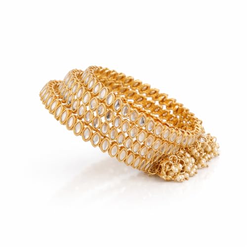 Image of Gold Plated Kundan Bangle Set for Women | Teardrop Stone Bangles with Pearl Beaded Latkan Charm Ethnic Wedding Jewellery | Bangle Set of 4 for Women & Girls