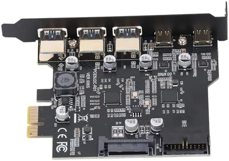 Primer pla view of the Bewinner PCIe USB 3.2 Gen 2 Expansion Card, showing the USB ports and internal components.
