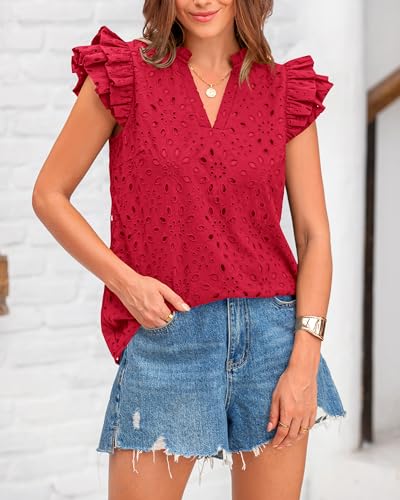 BTFBM Women Summer Eyelet Tops Dressy Casual V Neck Ruffle Cap Sleeve Cotton Boho Shirts Lace Embroidered Blouses 20252