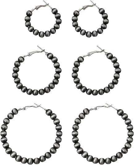 3 Pairs of Navajo Pearl Hoop Earrings - Vintage Beaded Jewelry for Women, Cowgirl Western Style Navajo Jewelry Featuring Elegant Pearl Earrings