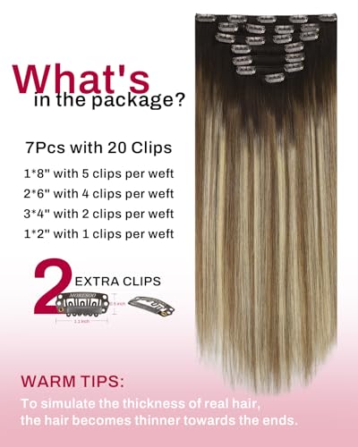 Image of Moresoo Human Hair Clip in Extensions Balayage Dark Brown to Medium Brown with Blonde Ombre Clip in Hair Extensions for Women Full Head 7Pcs 120G 22 Inch
