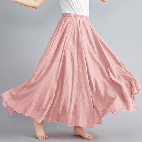 Women's Bohemian Style Elastic Waist Band Linen Long Maxi Skirt Dress Casual Summer Baggy A-Line Flowy Swing Skirts4