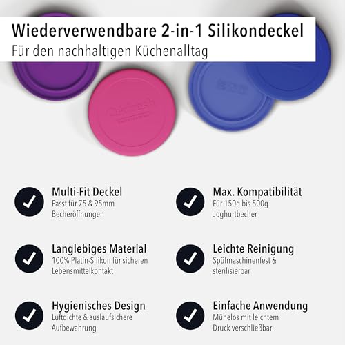 Qikfresh Mehrweg Silikondeckel - 2er Set - Wiederverwendbare Joghurtdeckel für 150-500 g Joghurtbecher - Luftdicht, auslaufsicher & flexibel - Frischhaltedeckel aus Silikon (Lila)