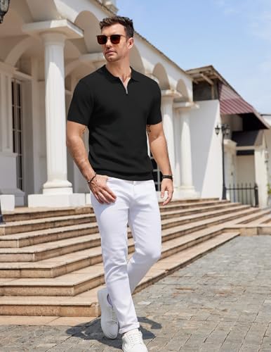 COOFANDY Mens Textured Knit Polo Shirts Zipper Polo Shirts Short Sleeve Casual Lightweight Golf Shirt4