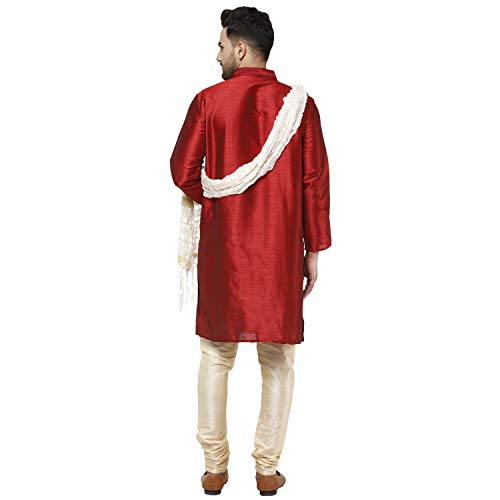 Image of SKAVIJ Men's Art Silk Embroidered Kurta Pyjama Scarf Set 3-Piece Woven Design Festive Party Dress