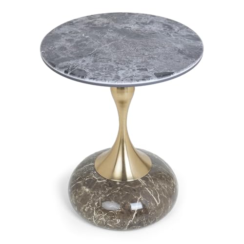 Image of Round Side Table with Marble Top, Brushed Golden Pedestal Base, Metal Base with Marble Effect, Modern Accent Table for Living Room, Bedroom