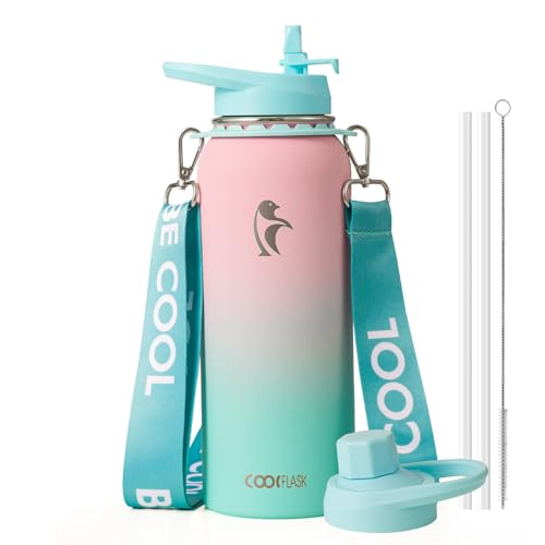 Image of Coolflask 40 oz Water Bottle Insulated Stainless Steel with Strap