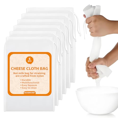 FrostyFlair Sacchetti per Formaggio da filtraggio, 6 Pezzi 30x20cm Sacchetti per Latte di Noci e Filtro, Sacchetti in Nylon a 200 Maglie per succhi di Frutta, Yogurt, Latte di Noci e Formaggio,