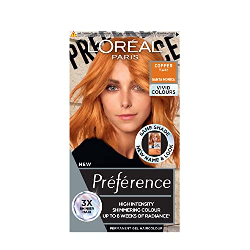 L'Oréal Paris Permanent Hair Colour, Long-Lasting Shine and Intense Colour, For up to 8 Weeks, Preference Vivids (Colorista), Copper 7.43, x1 pack