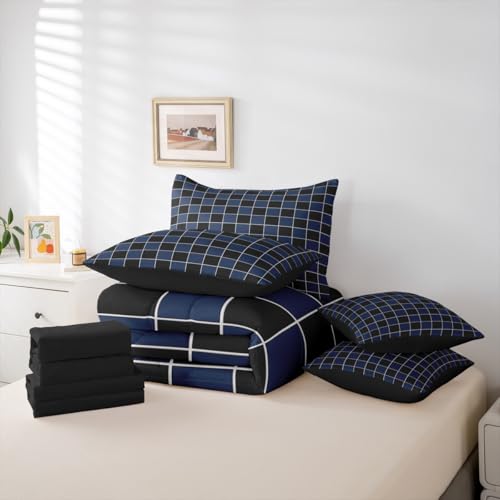 Image of Erosebridal Navy Blue Checkered Boys Full Bedding Black Blue Plaid Comforter Set with Sheets 7 Piece-for Kids Teen Men Bedroom Geometric Gingham Grids Bed in A Bag-Soft Lightweight for All Season