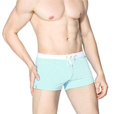 SALENT Mens Swim Trunks Briefs Zipper Pocket (L, Light Blue)
