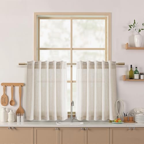 Image of Nanspring Beige Linen Curtains for Kitchen Windows Over Sink - Cafe Drapes Rustic Farmhouse Semi Sheer Curtains with Back Tab and Rod Pocket Short Curtain for Small Window 36 x 24 Inch,2 Panels