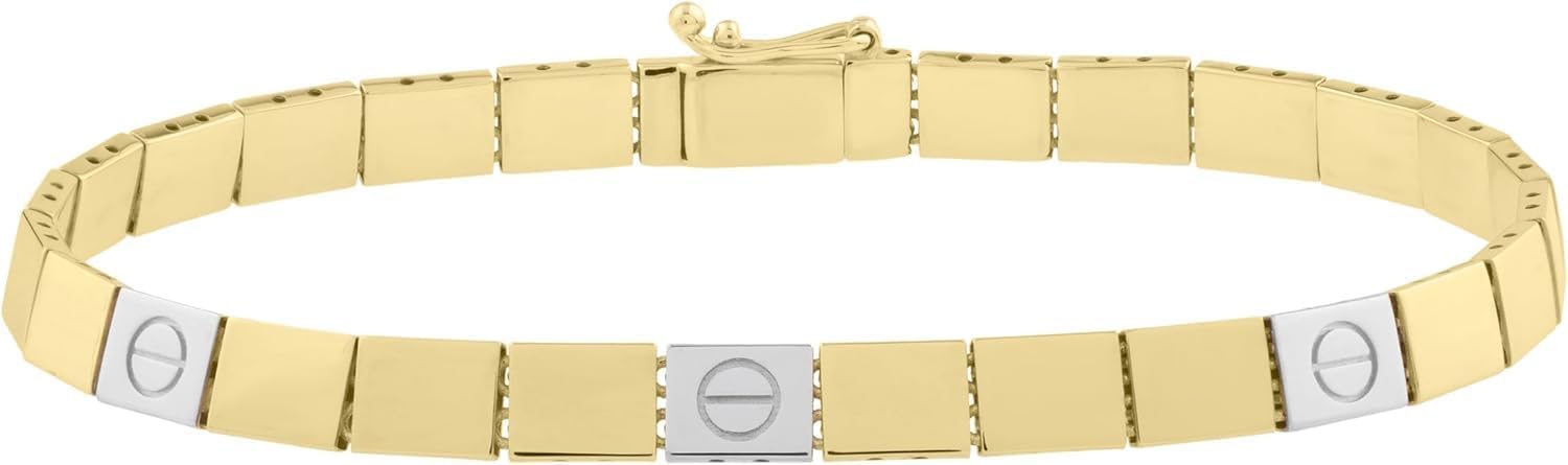 Floreo 14k Two-Tone Gold 4.8mm Brick Nail Head Lock Hardware Link Bracelet, 7 Inch