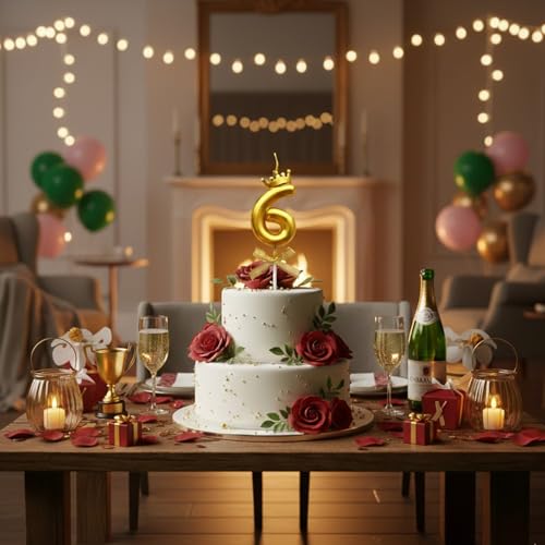 Image of Rozi Decoration Number 6 Birthday Candle for Cake with Crown Design | Gold Metallic Number Candle with Stick | Sixth Birthday Cake Topper for Baby, Kids and Party Celebration