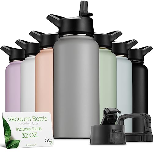 SipX™ Triple-Insulated Stainless Steel Water Bottle 32oz. With 3 Lids, BPA-Free Reusable Insulated Water Bottle Keeps Cold 24 Hours, Metal Water Bottle Made Of Sustainable Material For Hiking & Biking