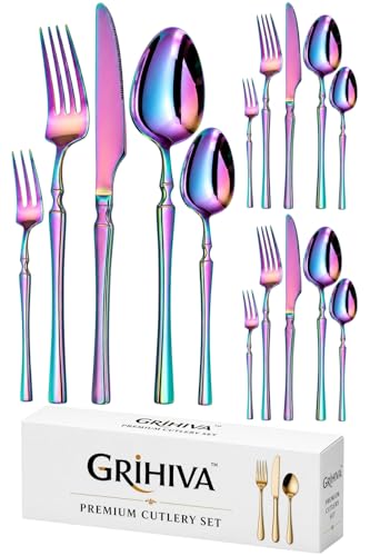 Image of 15 Pcs Rainbow Cutlery Set for Dining Table the Perfect Lightweight Silim Handle Tableware Including Dinner Spoon, Dinner Fork, Dinner Knife, Dessert Spoon & Dessert Fork