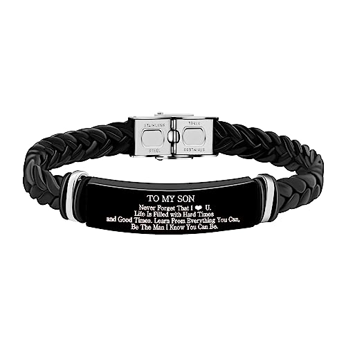 Image of Uloveido PU Leather Stainless Steel ID Bracelet for Son from Mom Dad, Encouragement Inspirational Gift to Men