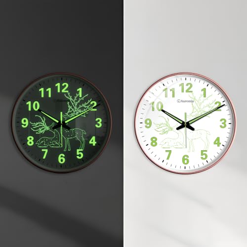 Image of Auromin Antique Radium Glass Wall Clock Night Glow for Bedroom | Night Light Silent Glass Wall Watch for Living Room, Living Room, Study (Clock-GL-Deer-RDM-DYNY)