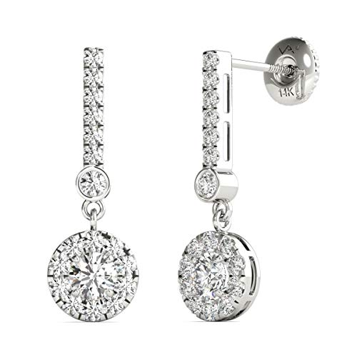 VAARYA GIA Certified 14K White Gold Natural Diamonds Halo Dangle Earrings D-I Color SI1-I2 Clarity 1.00 ctw