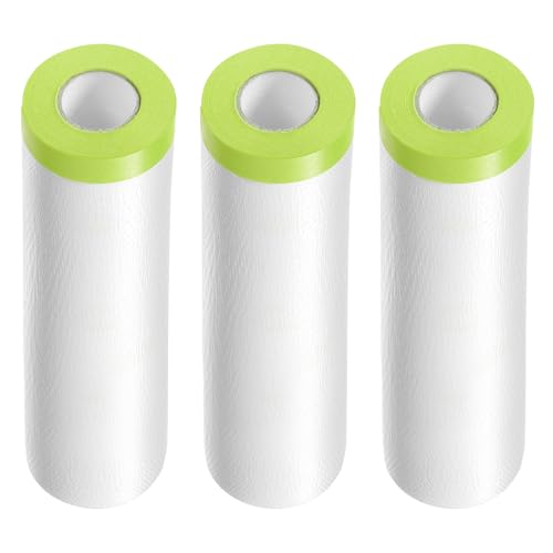 Image of HARFINGTON 3 Rolls Pre-Taped Masking Film 59.1 inch x65.6ft Tape and Drape Painters Plastic Drop Cloth Film with Tape Plastic Sheeting for Automotive Painting Covering, Green