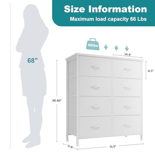 Image of OLIXIS 8 Drawer Storage Dresser for Bedroom, White Closet Organizers Units | Fabric Dresser with Wooden Top, Chest of Drawers Clothes Storage, Tower Cabinet for Living Room, TV Stand Furniture