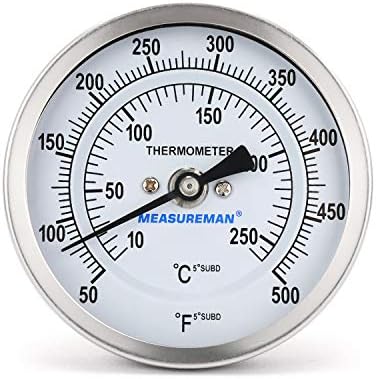 Measureman Fully Stainless Steel Bimetal Dial Thermometer, 3" Dial, 2-1/2" Stem, 50-500 deg F/10-260 deg C, -1% Accuracy, Adjustable, 1/2" NPT Back Mount