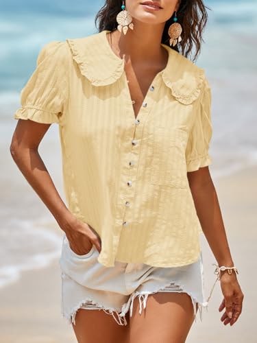 Image of Tankaneo Womens Puff Sleeve Shirts Peter Pan Collar Button Down Cotton Blouse Casual Summer Textured Tops