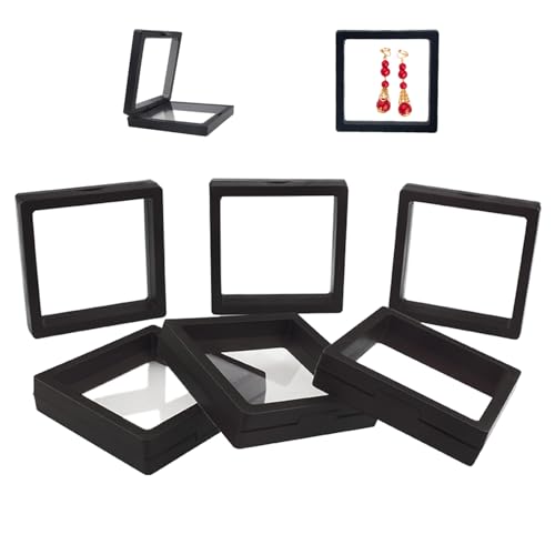 Chiegeguu 6 Pack 3D Floating Display Case, Transparent Floating Jewelry Box for Coins Medals Rings, Clear Display Frame for Collectibles, Dustproof Storage Box (Black 3.5x3.5 in)