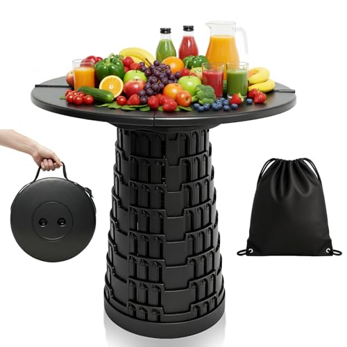 graxie Upgraded Collapsible Stool with Table Top, Portable Telescopic Seat, Folding Stool for Camping Gardening Fishing Hiking BBQ, Tabletop Diameter 19.7 inches