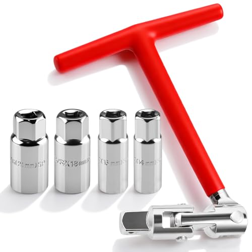 Msauifncp 5 Piezas Llave Bujias Herramientas Moto con Llave Bujia T Universal y Junta Universal 4 Tamaños Casquillos 14mm 16mm 18mm 21mm Mango T Cómodo para Coches Motos Cortacésped Extracción Bujías