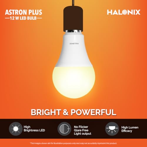 Image of Halonix 12W LED Light Bulb | Yellow (3000K) |Pack of 2|Energy Efficient| 4kv Surge Protection | High Lumens per watt, B22