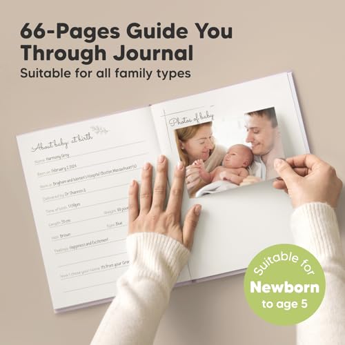 Baby Memory Book - First 5 Years Journal, Modern Milestone Book, Hardcover 66 Pages, Boys & Girls, Photo Albums, Scrapbook Album (Mist Pink)