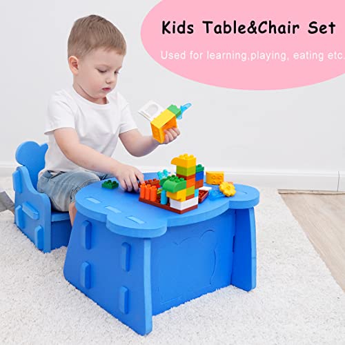 MBQMBSS Kids Table Chair Set, 3D EVA Foam Splicing Board, Eating Playing Table Chair for Toddlers, Creative Educational Learning Toy Gift for Toddlers, Babies & Children (Blue)