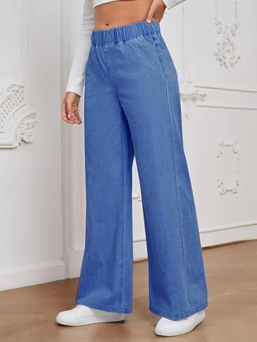 Image of ADBUCKS Women's Stretch Denim Wide Leg Jeans Comfort Fit with Elastic Waistband, Straight Cut, Casual Style for All Seasons, Versatile Clothing