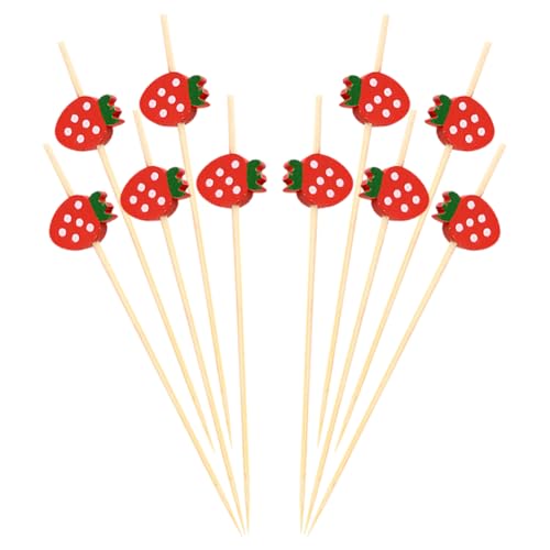 UUYYEO 100 Pcs 12 cm Wood Strawberry Cocktail Picks Fruit Toothpicks for Appetizers Decorative Food Cocktail Sticks Party Charcuterie Skewers