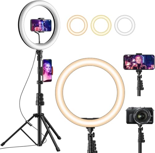 UPhitnis 12" Ring Light, Luce per Selfie, 63" Staffa Triangolare, Luce ad Anello LED da 3 modalità di Illuminazione con 10 luminosità, per Trucco, Fotografia, Youtube e Video Selfie