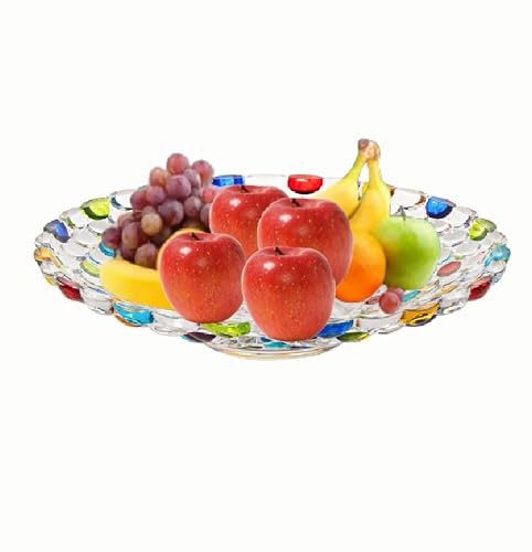 KNC Colorful Crystal Glass Fruit Bowl,Hand Painted Pearl Point Art Glass Bowl, Decorative Plate to Display Salad Dessert Cake Candy Snack for Home,Office,Wedding, Lagre, HMF25