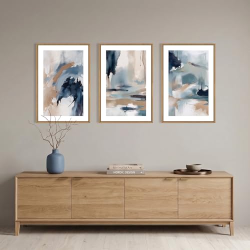 Image of KAIRNE Blue Abstract Neutral Framed Canvas Wall Art Set, Navy Abstract Wall Decor, Watercolor Blue and Brown Wall Painting, Modern Textured Art Prints for Living Room, Bedroom, Office-24 x36 x3