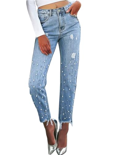 LifeShe Women's Pearl Jeans Mid Waisted Stretch Ripped Distressed Denim