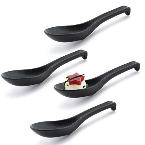 Happy Sales HSSP-BLCK4 Japanese Style Chinese Ceramic Soup Spoons 4 pc Black