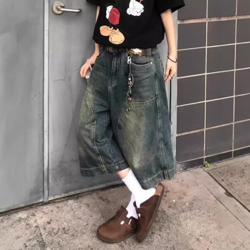 American Retro Washed Vintage Denim Short Women's high Street Loose Slimming Straight Leg Five Quarter Pants2