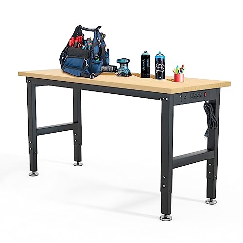48" Adjustable Workbench with Rubber Wood Top, Heavy Duty Worktable Workstation with Power Outlets, Hardwood Top Work Bench for Garage, Workshop, Home, 2000 LBS Load Capacity, 5 Different Heights