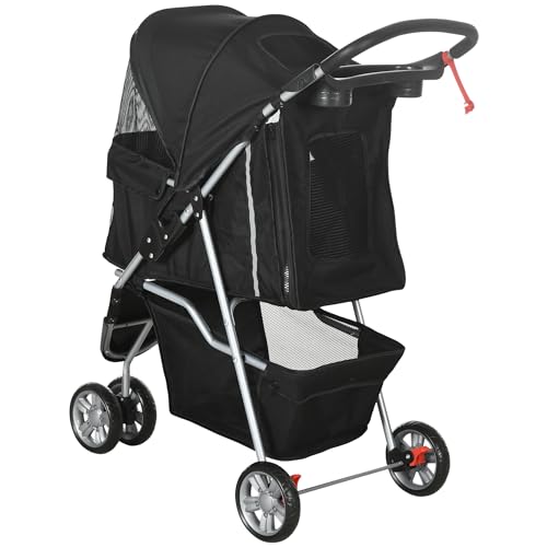 PawHut Hundewagen Hundebuggy klappbar für Hunde & Katzen bis 10 kg Katzenbuggy mit Kissen Netzfenstern Getränkehalter Aufbewahrungstasche Katzenwagen Buggy Schwarz
