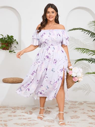 Image of Plus Size Maxi Dress Off The Shoulder Ruffle Smocked Wedding Guest Cocktail Slit Hem Flowy Dresses for Curvy Women