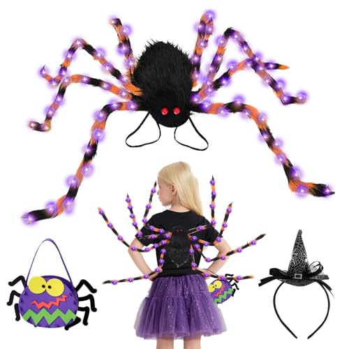 SPERMUOY Halloween Kostüme Spinne Rucksack,Halloween Riesenspinne Rucksack kostüm mit 8 modi Lichtern,Halloween Giant Spider Dekorationen Spinnenkostüm für Erwachsene Kinder Karneval Party-Orange