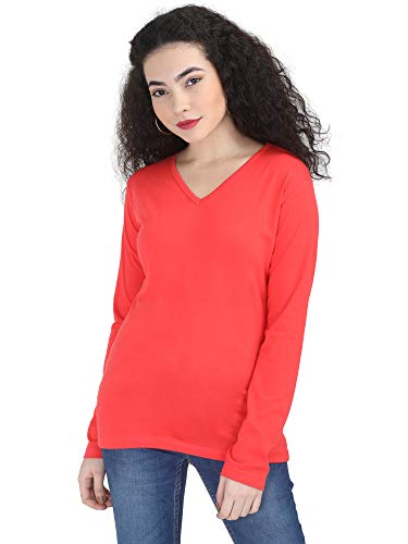 Image of FLEXIMAA Women's Cotton Plain V Neck Full Sleeve T-Shirt