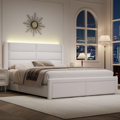 Queen Upholstered Bed Frame with Headboard and LED Lights, Modern Faux...
