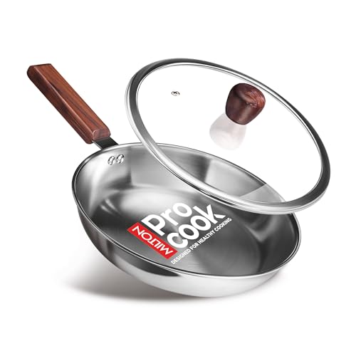 Image of MILTON Pro cook Induction Cookware & Gas Stove Friendly Triply Stainless Steel Fry Pan 20 cm with Glass Lid & Wooden Handle | Heavy Bottom Frying Pan | Healthy Low-Oil Cooking | 3Y Warranty | Silver