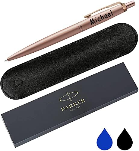Personalised Engraved Parker Jotter Ballpoint Pen with Genuine Leather Pouch in 15 Colours - Choice of Blue or Black Ink, Parker Ballpoint Pen Gift, Personalised Parker Pen Jotter, Gifts For Teachers